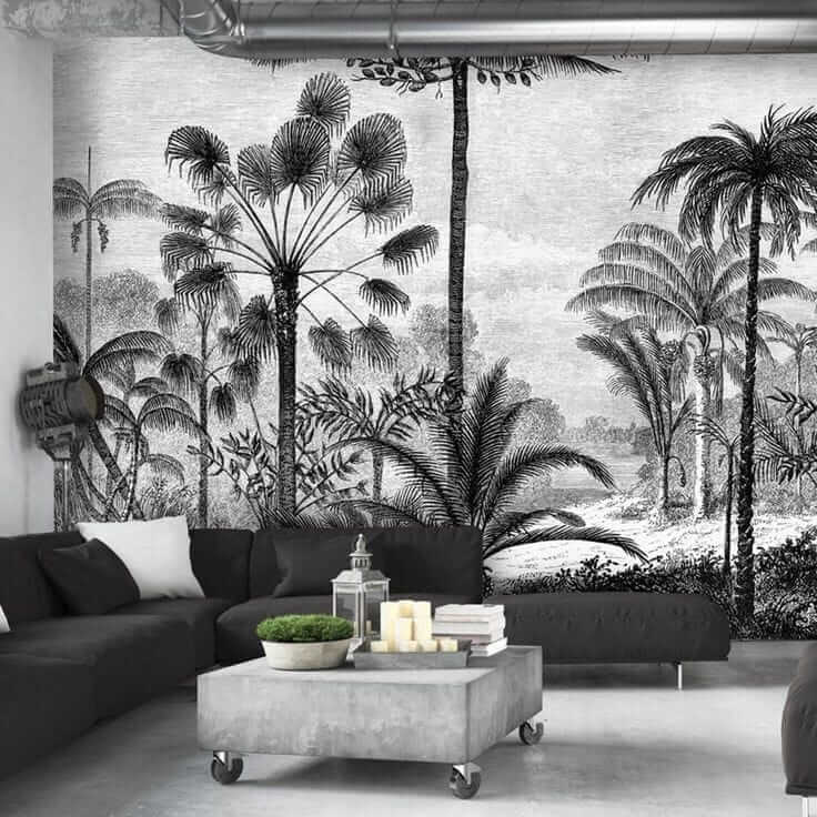 Papier peint motif forêt noir et blanc