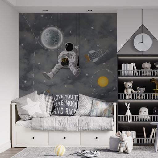 Papier peint astronaute sur une balançoire, espace, lune et étoiles