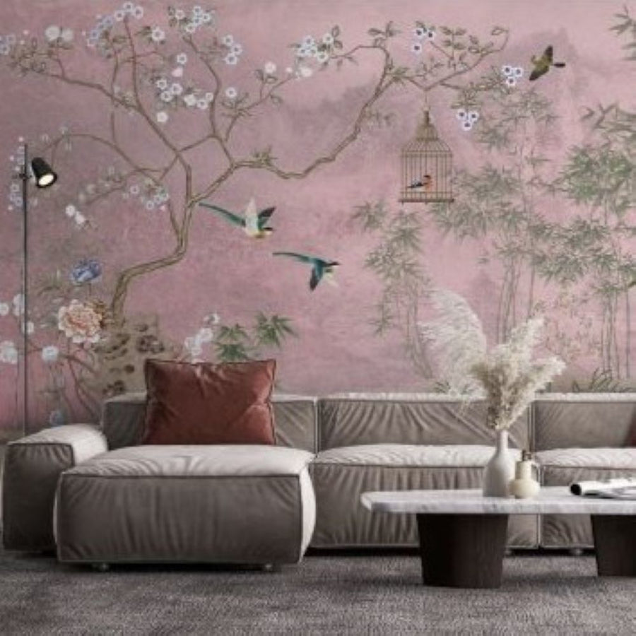 Papier peint oiseaux et cerisier sakura sur fond rose