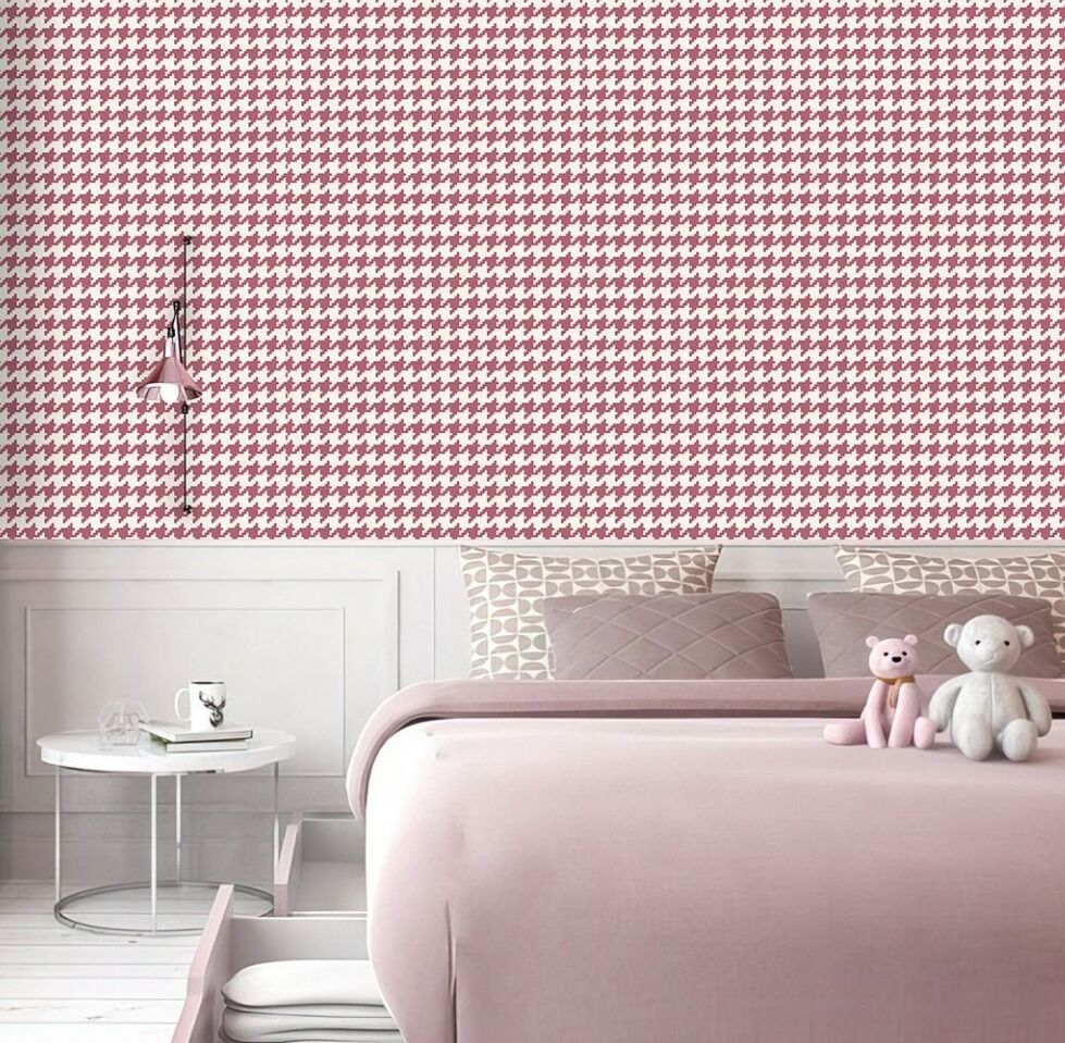 Papier peint Tendaart motif pied-de-poule rose et blanc