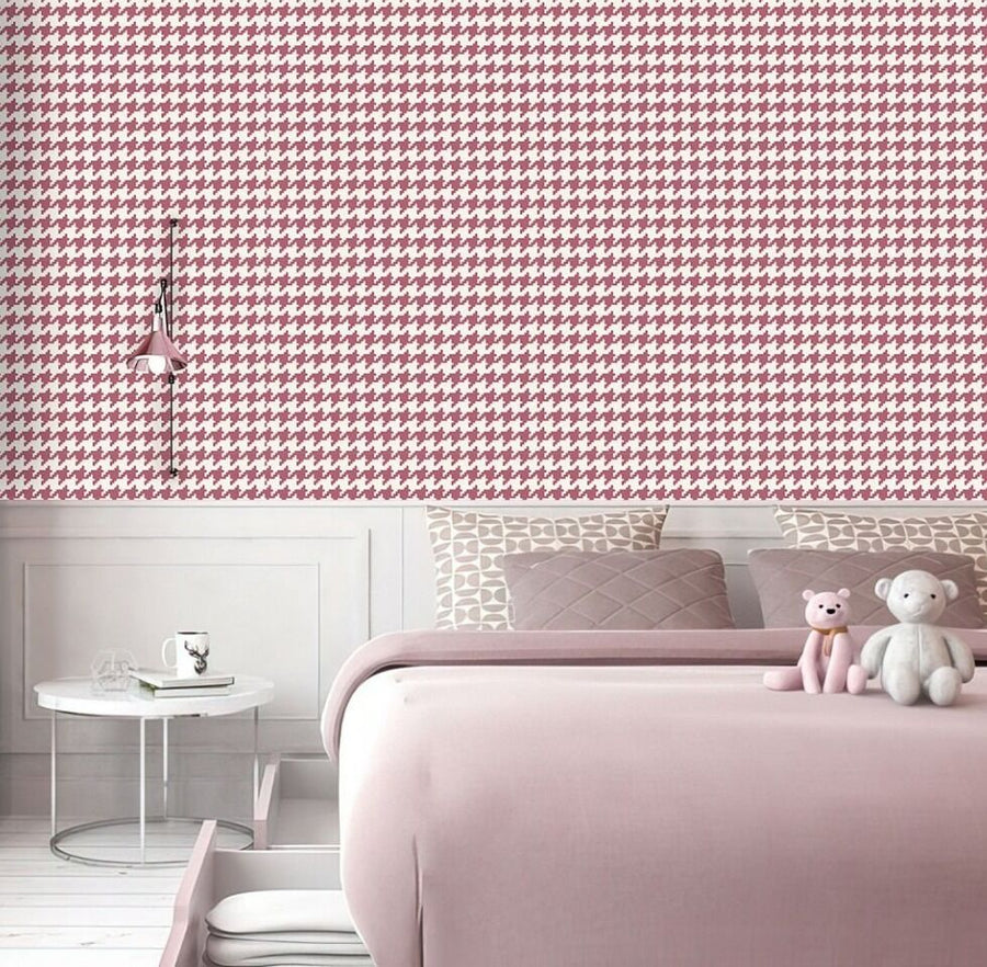 Papier peint Tendaart motif pied-de-poule rose et blanc