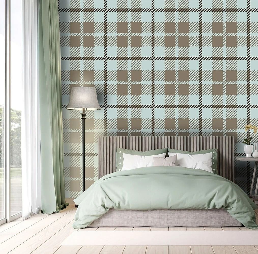 Papier peint Tendaart motif écossais menthe et brun