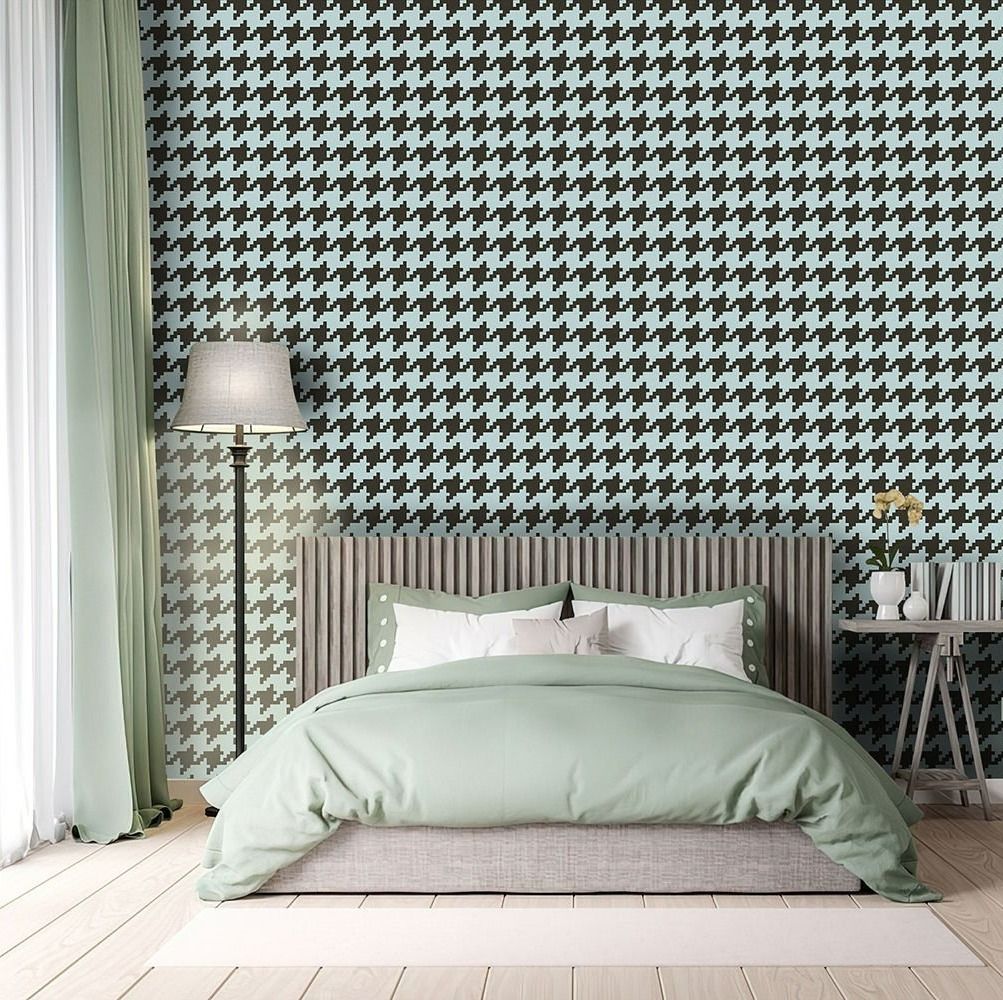 Papier peint Tendaart motif pied-de-poule menthe et brun