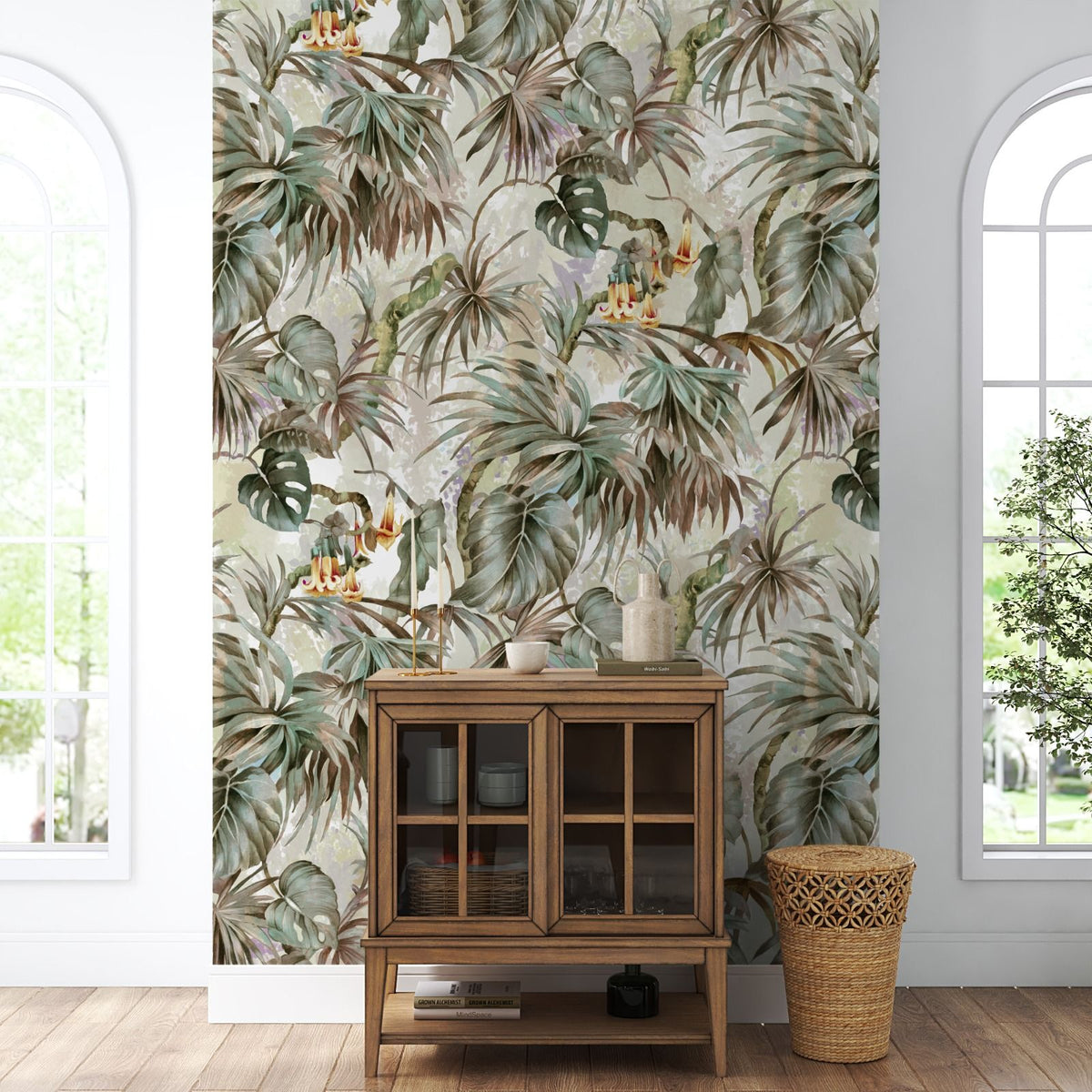 Papier peint feuilles et fleurs de monstera