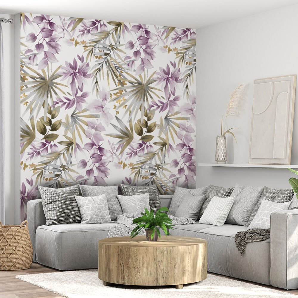 Papier peint feuilles grimpantes violettes et palmiers