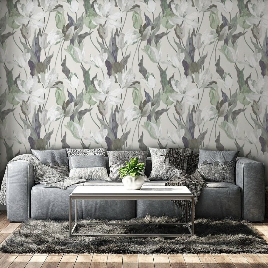 Papier peint tulipes prune et gris