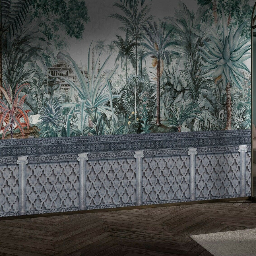 Papier peint arbres tropicaux et bâtiment historique