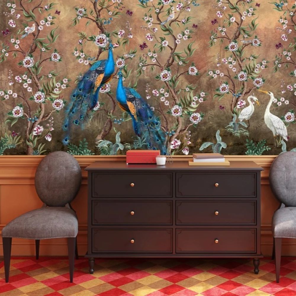 Papier peint Uva paon, fleurs et oiseaux