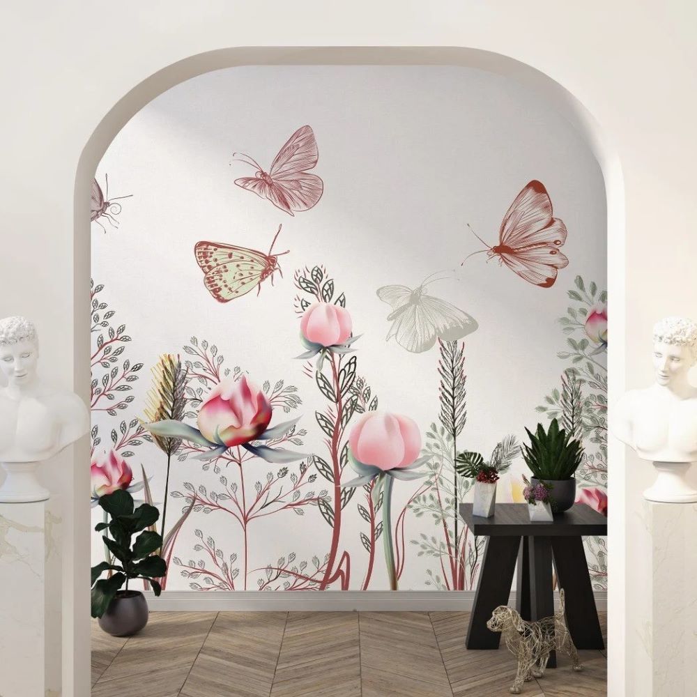 Papier peint dessin de roses colorées et papillons au jardin
