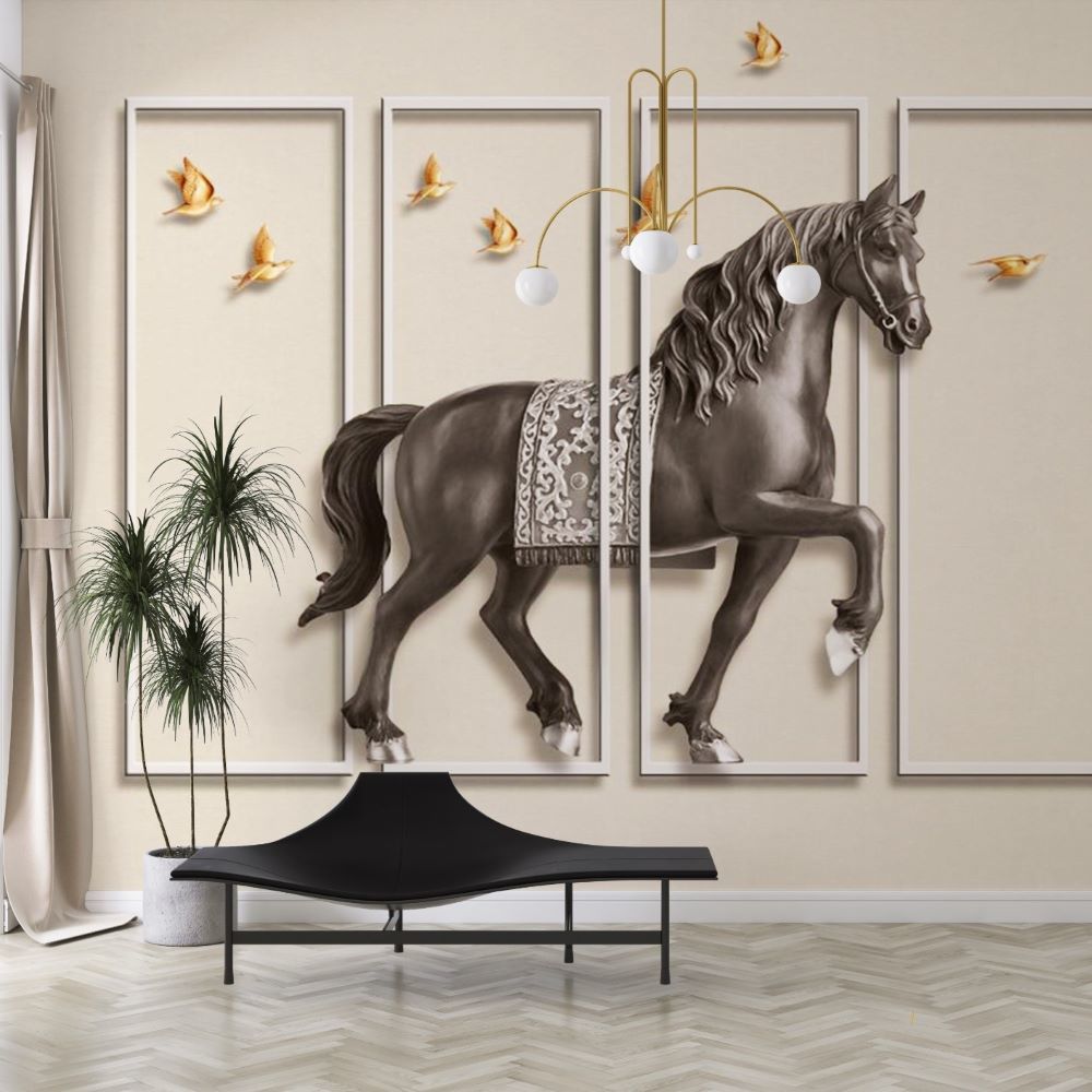 Papier peint cheval brun et oiseaux dorés