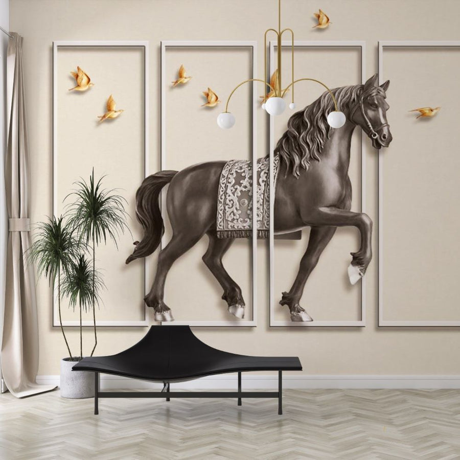 Papier peint cheval brun et oiseaux dorés