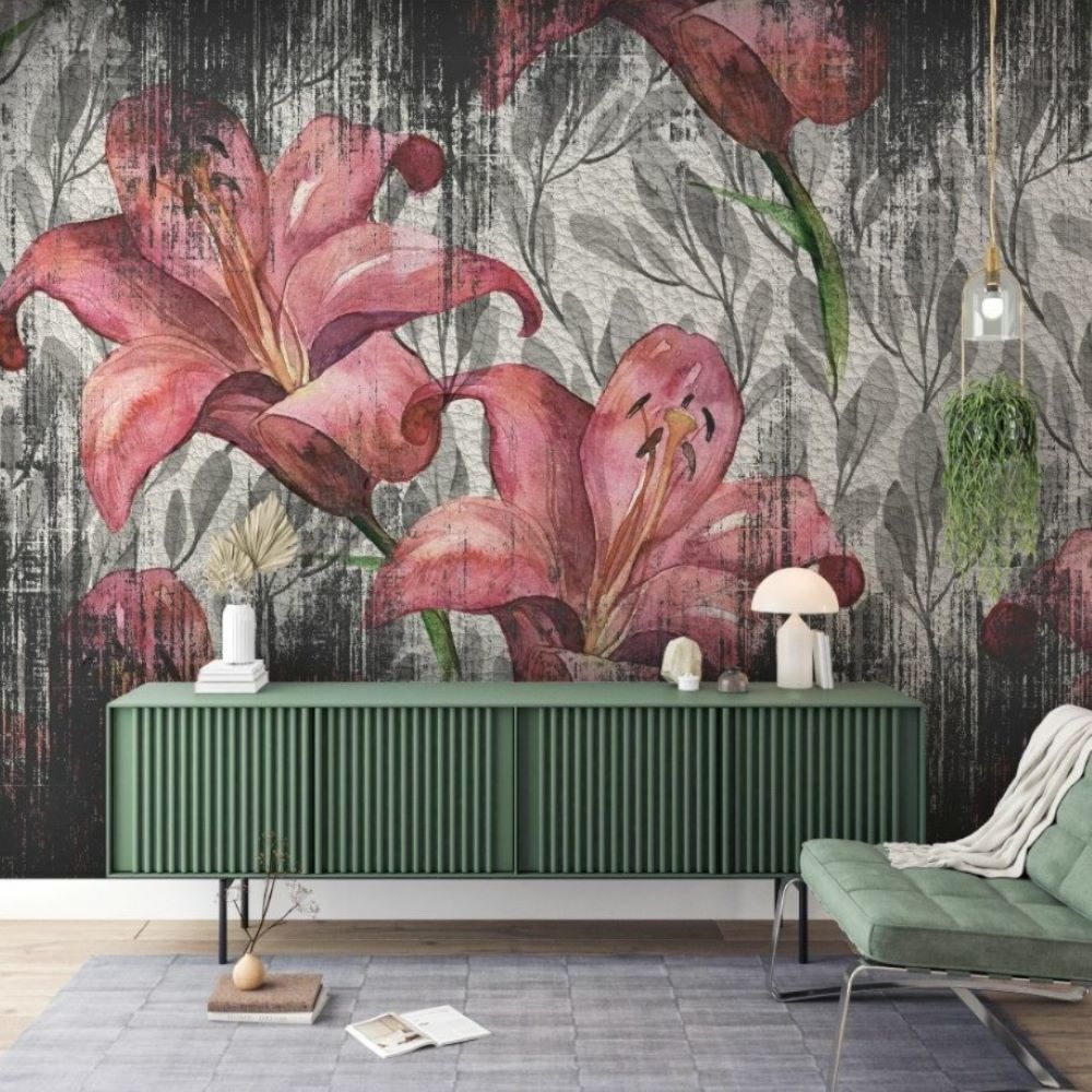 Papier peint grandes fleurs vieux rose