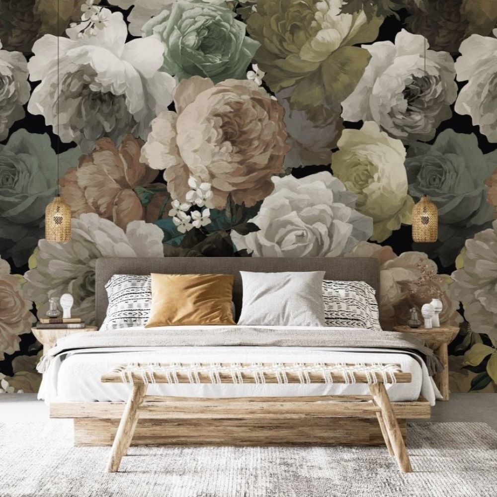 Papier peint grandes pivoines aux tons doux