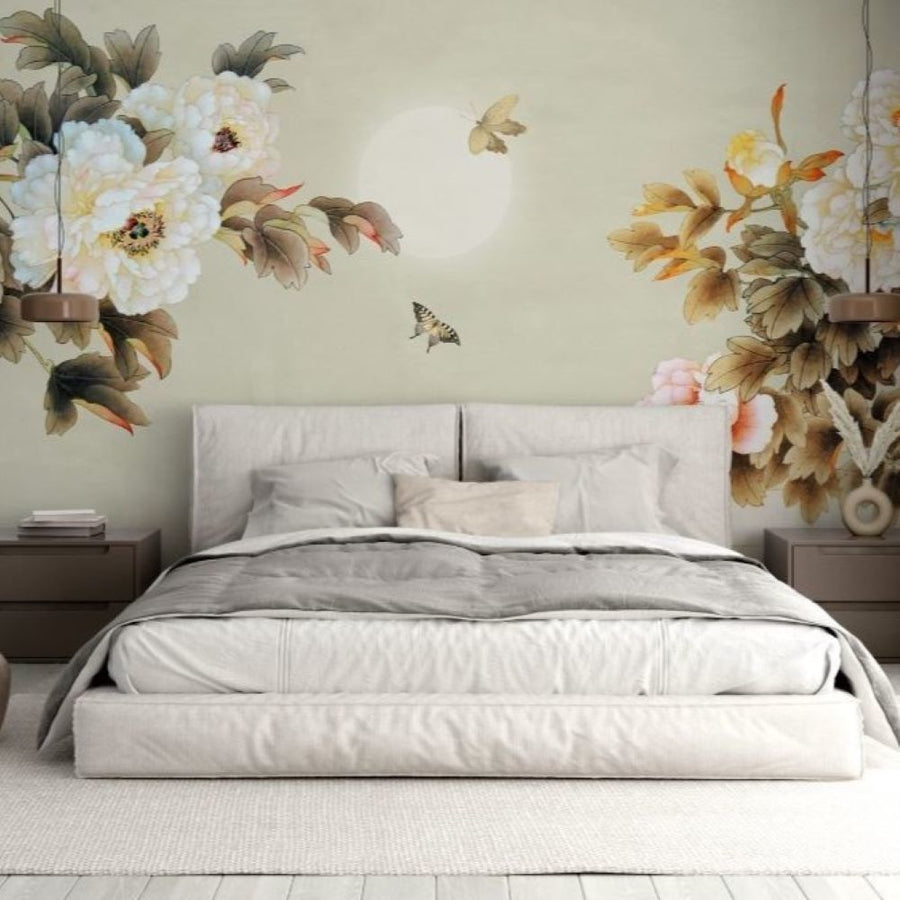 Papier peint roses blanches et feuillages bruns