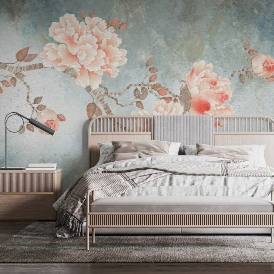 Papier peint œillets roses sur fond turquoise