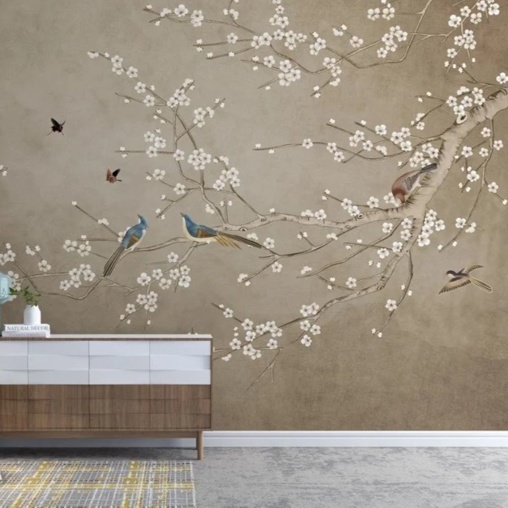 Papier peint hibiscus et oiseaux sur les branches