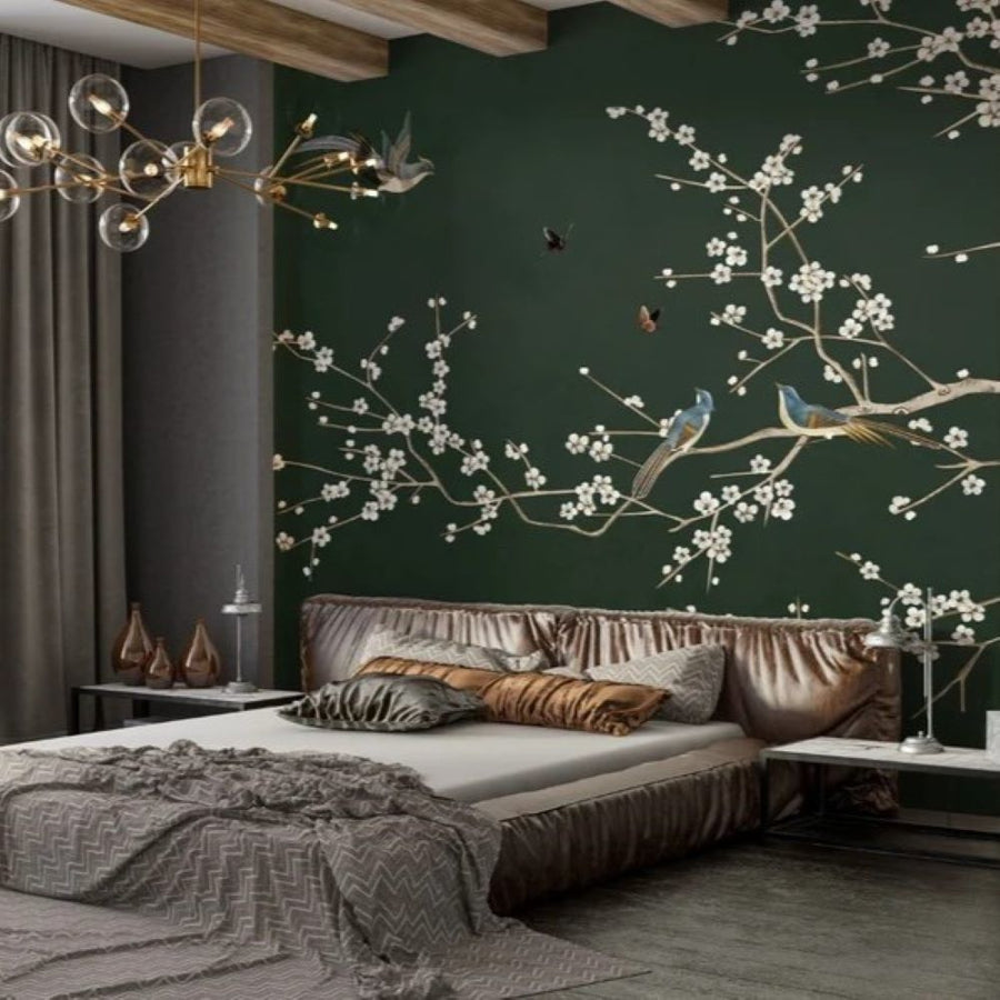 Papier peint petites fleurs et oiseaux sur branches printanières