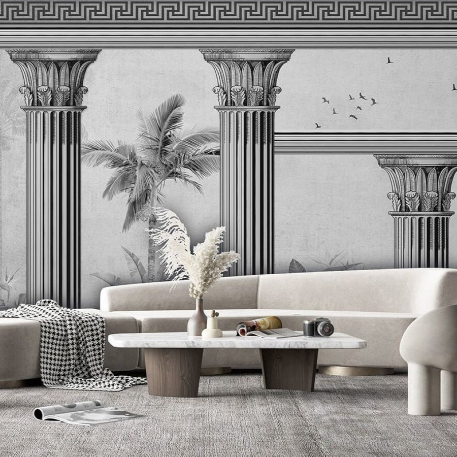 Papier peint colonnes, oiseaux et arbres