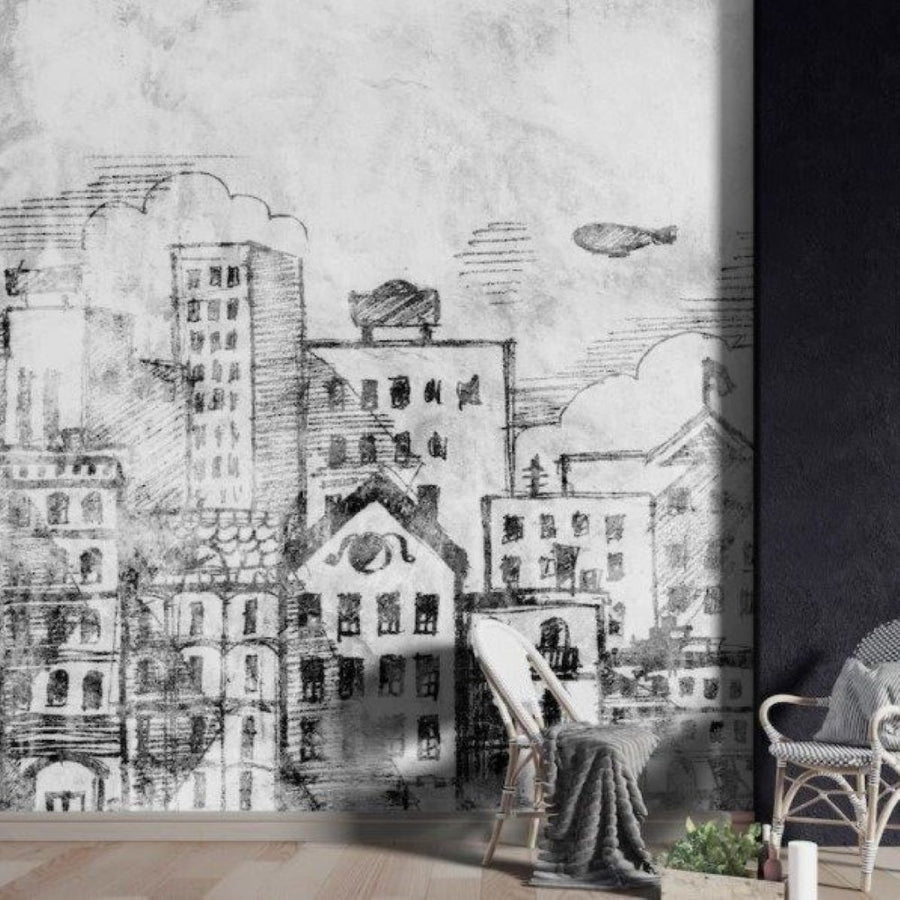 Papier peint ville et immeubles dessinés noir et blanc