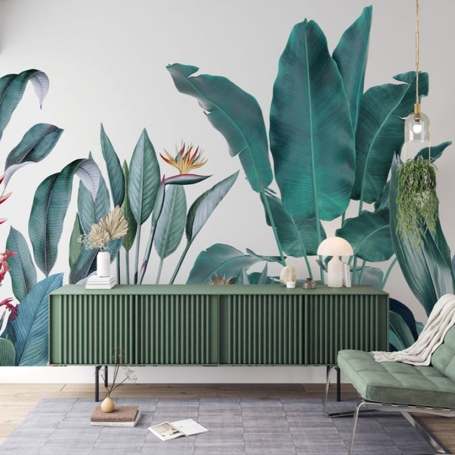 Papier peint fleurs tropicales et spathiphyllum