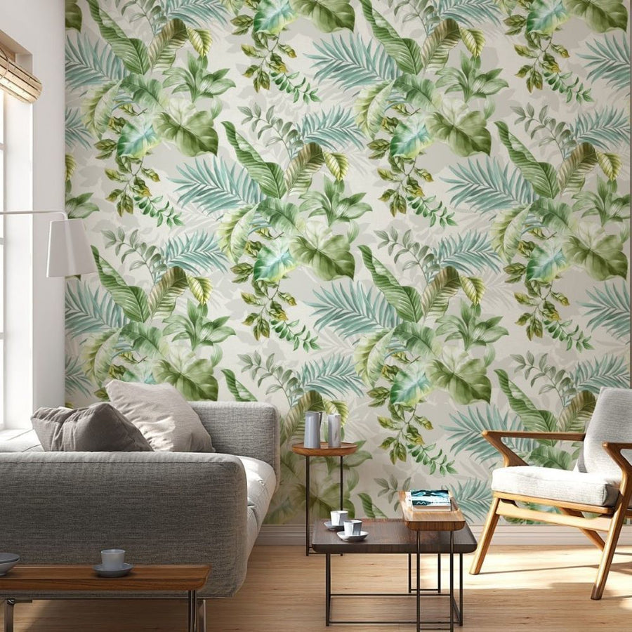 Papier peint feuilles turquoise et vertes