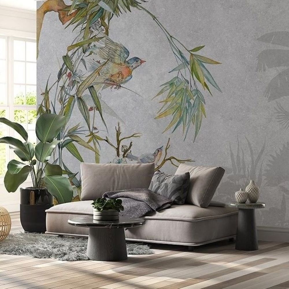 Papier peint moineau dans l'arbre sur fond gris