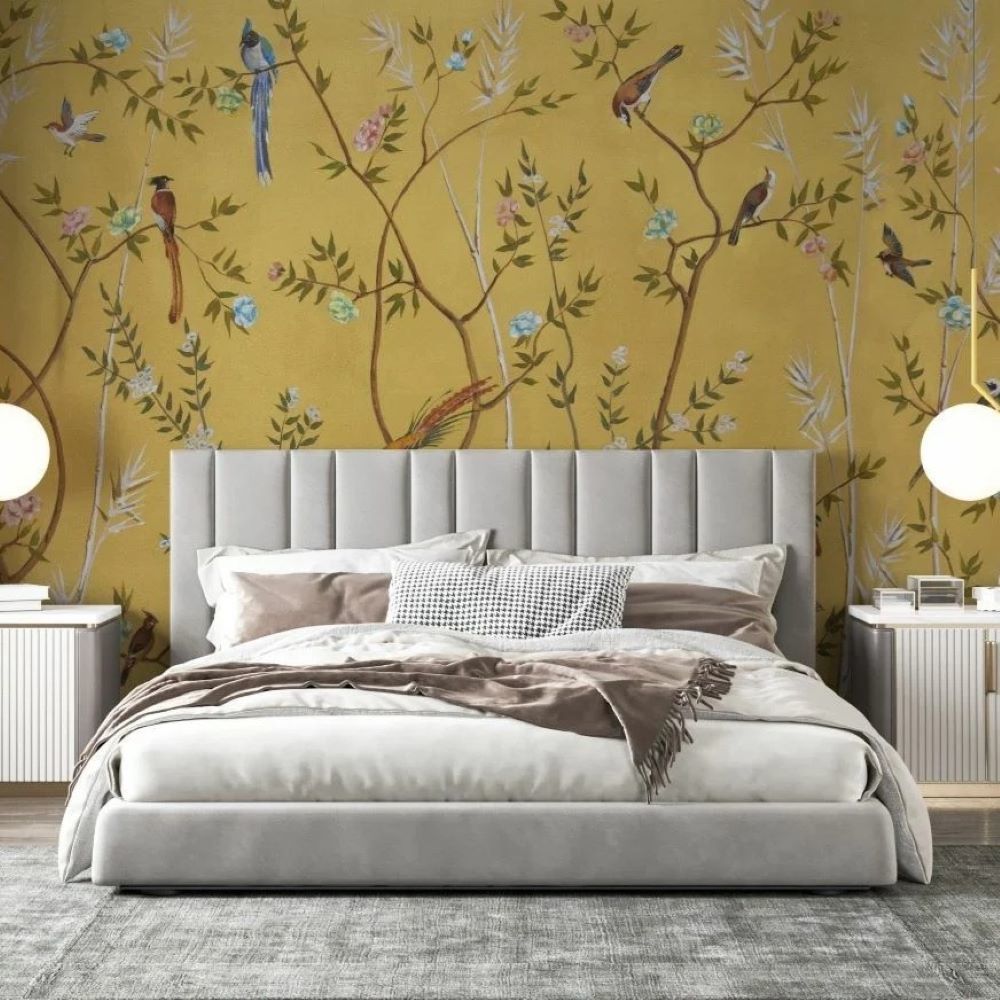 Papier peint perroquets sur le lierre et les fleurs
