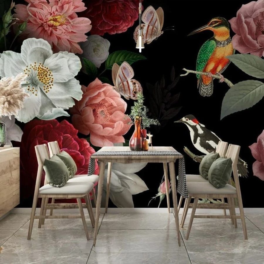 Papier peint de luxe fleurs, papillons et oiseaux colorés