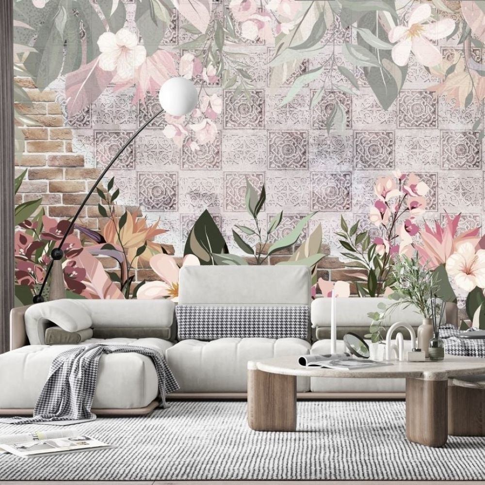 Papier peint fleurs d'été sur mur de pierres