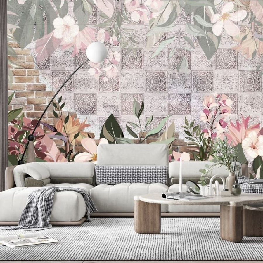 Papier peint fleurs d'été sur mur de pierres