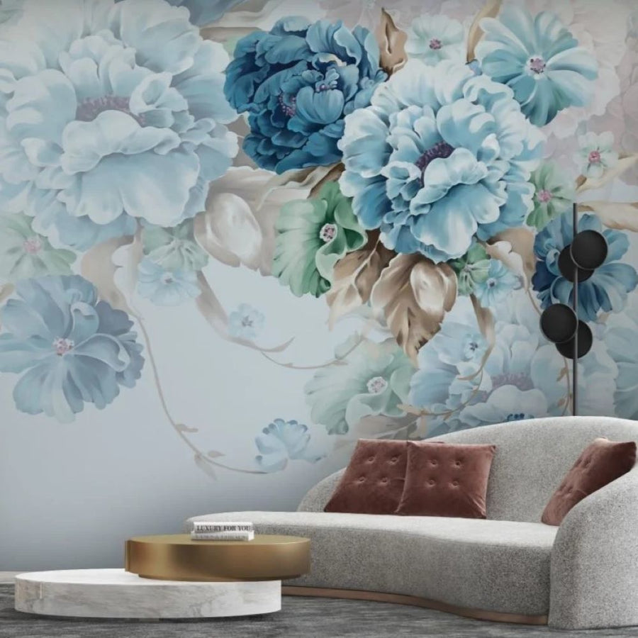 Papier peint hortensias bleu turquoise