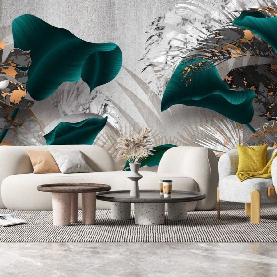 Papier peint grandes feuilles vertes effet velours
