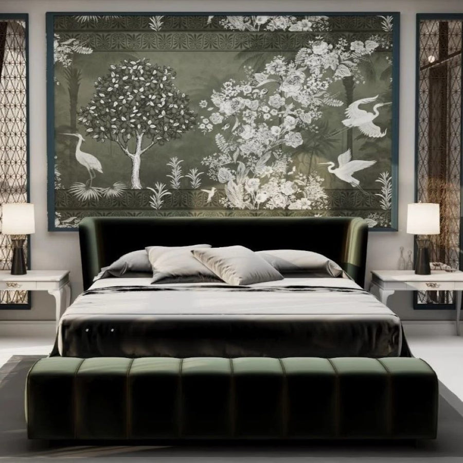Papier peint cigognes et arbres sur fond vert olive