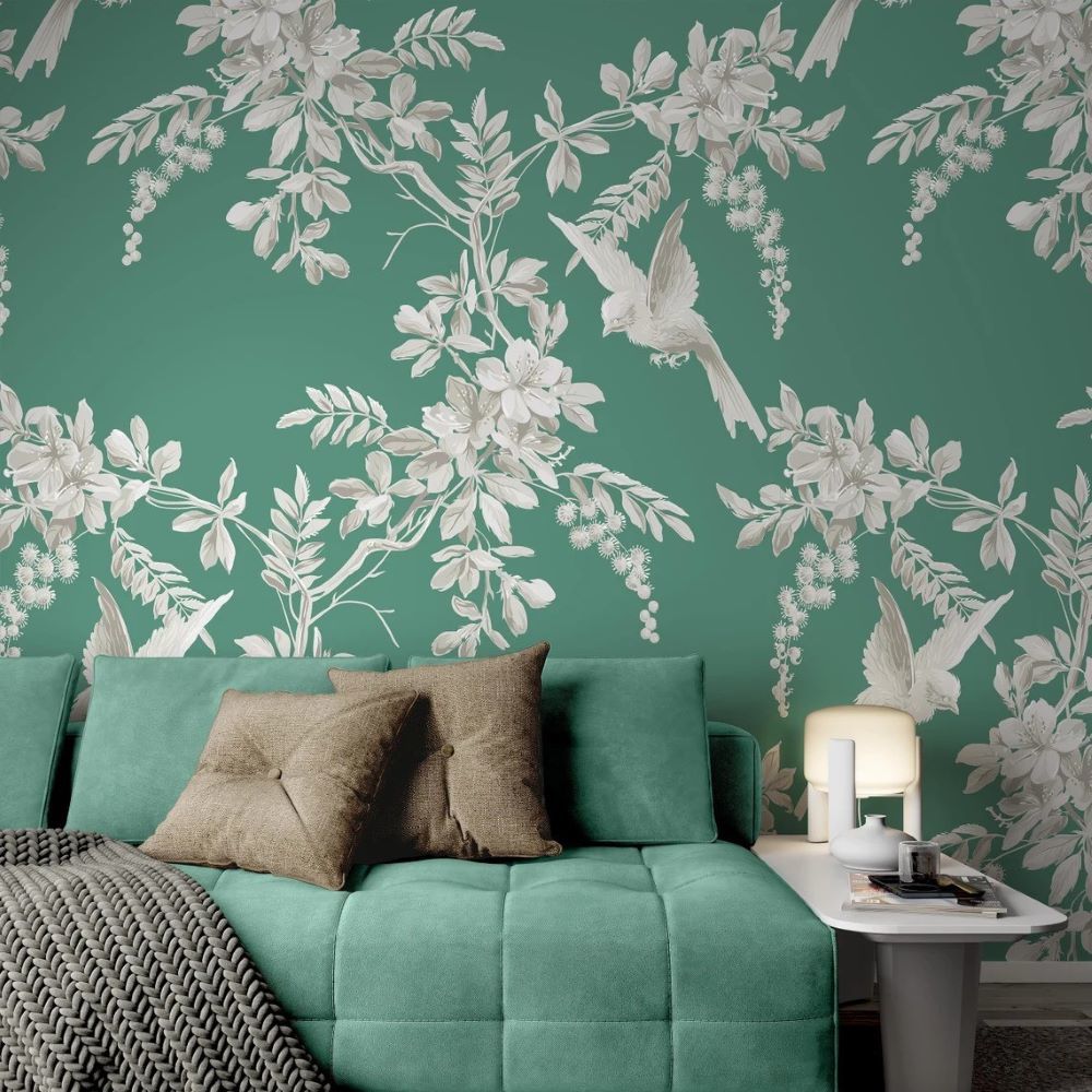 Papier peint vintage petits oiseaux sur texture verte