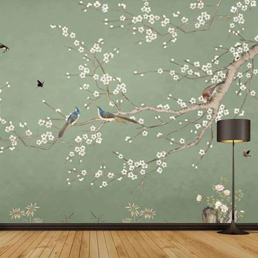 Papier peint hibiscus et oiseaux sur fond vert menthe