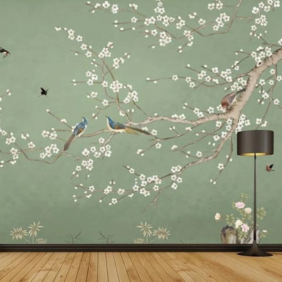 Papier peint hibiscus et oiseaux sur fond vert menthe