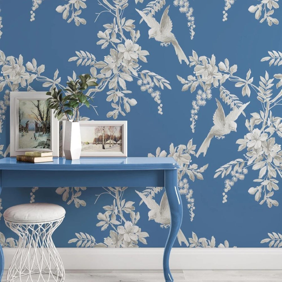 Papier peint vintage petits oiseaux sur texture bleue