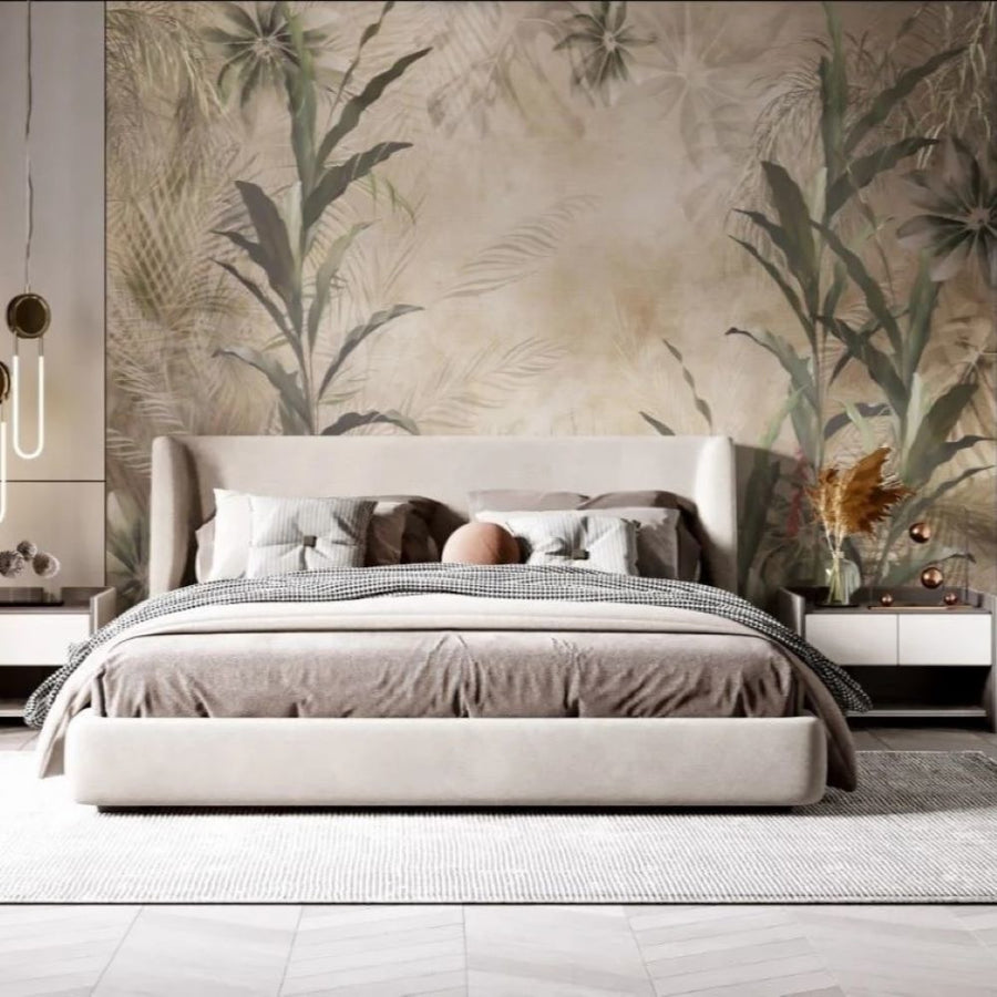 Papier peint feuillages tropicaux sur fond sépia