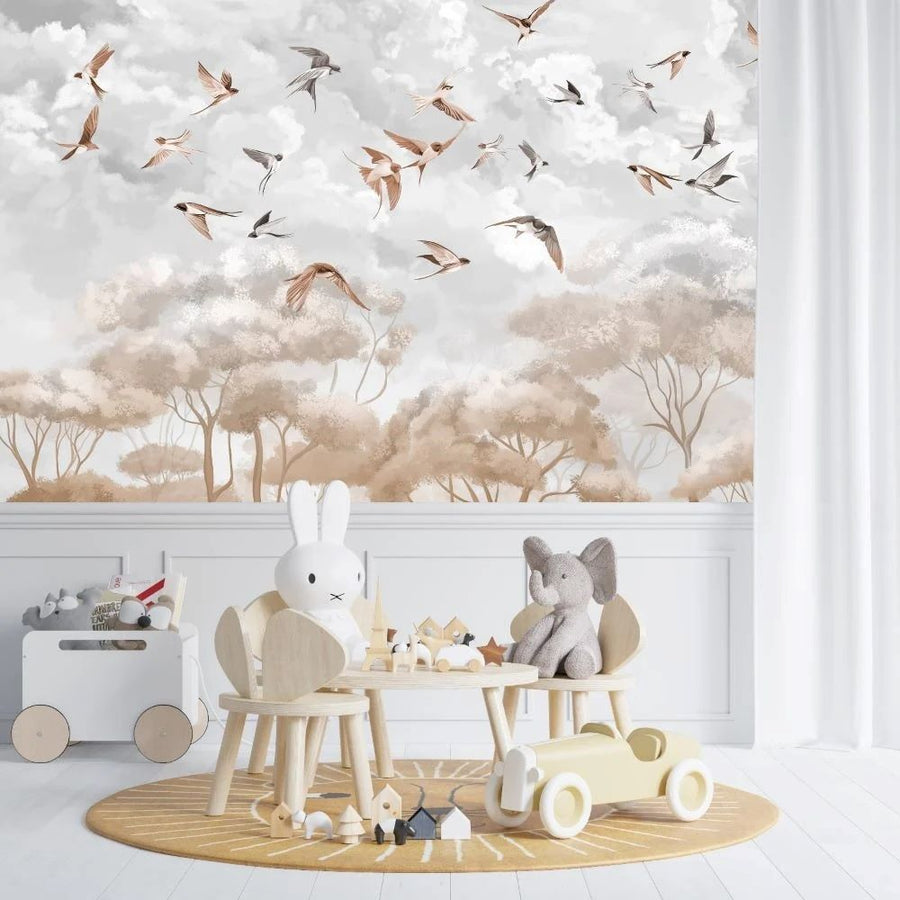 Papier peint hirondelles dans les nuages blancs