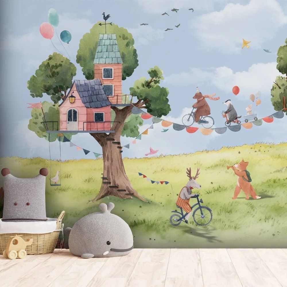 Papier peint cabanes dans les arbres, fête foraine et animaux