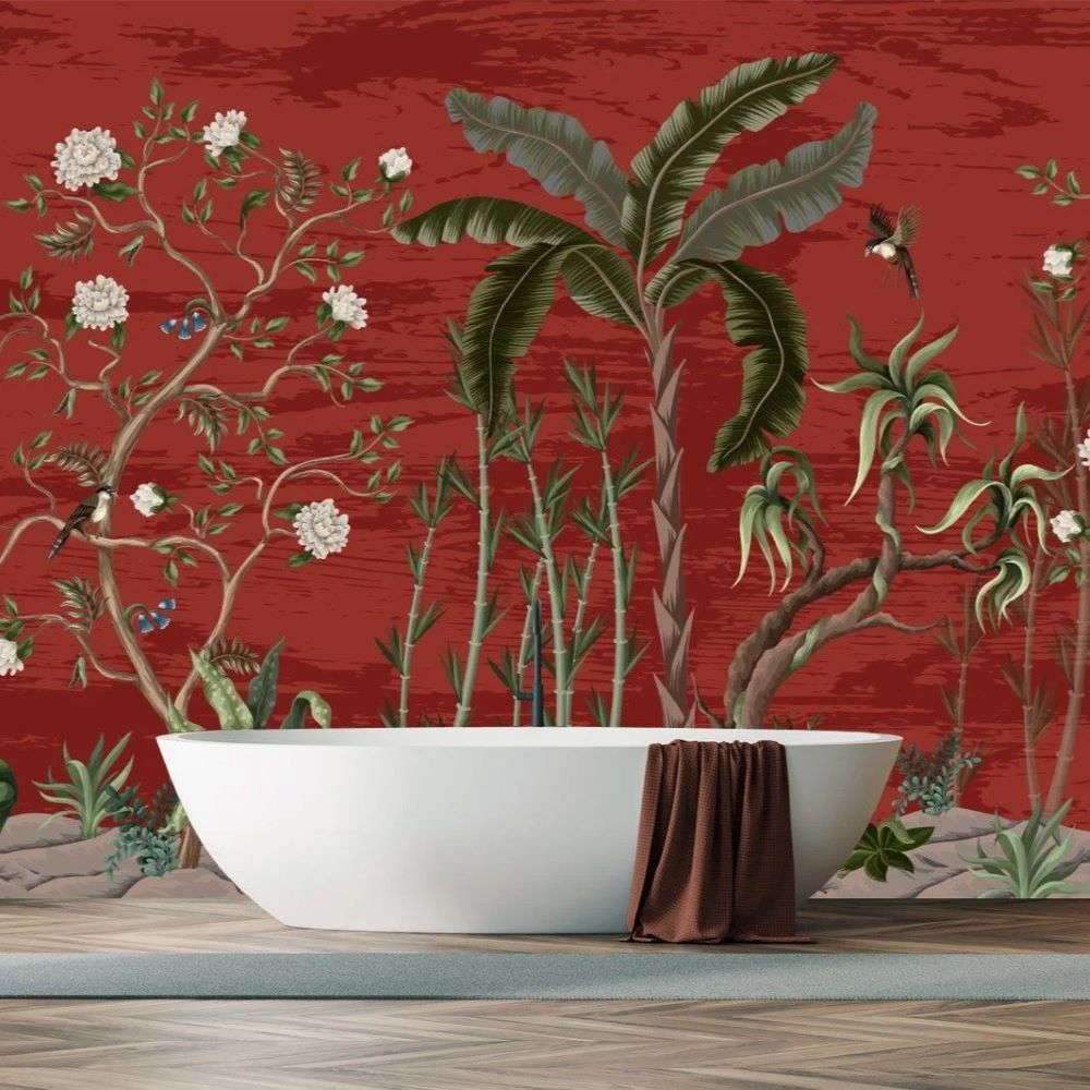 Papier peint plantes et fleurs tropicales sur fond bordeaux