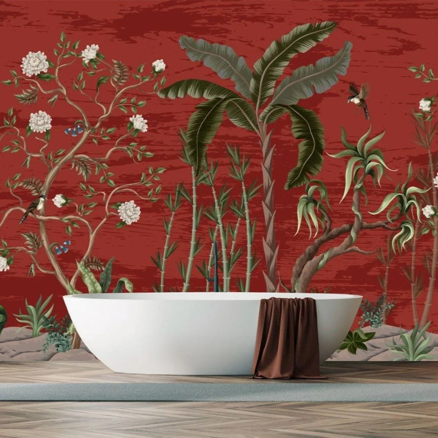 Papier peint plantes et fleurs tropicales sur fond bordeaux