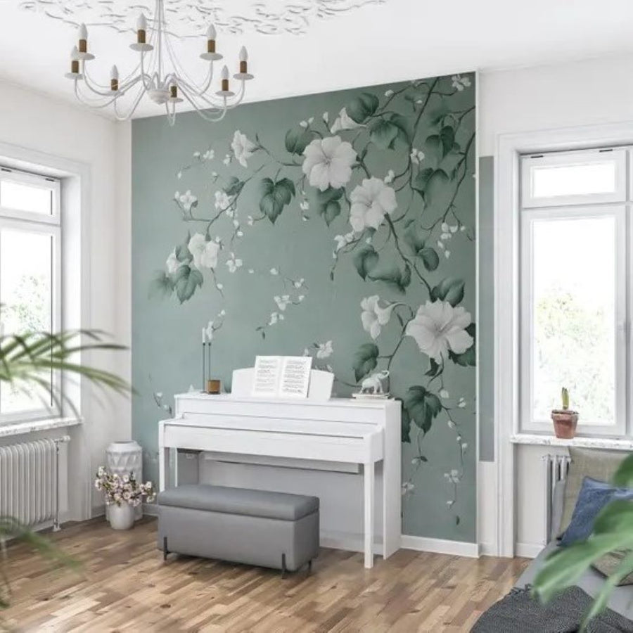 Papier peint fleurs de lierre sur fond turquoise doux