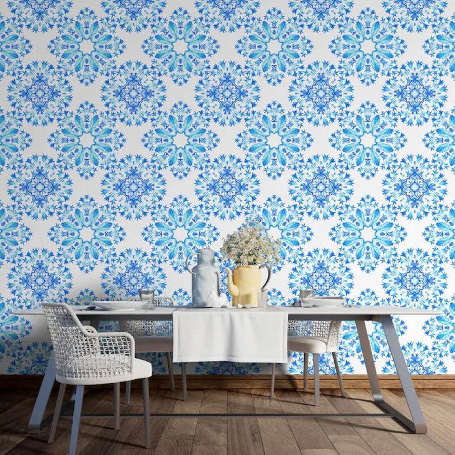 Papier peint motifs ethniques bleus