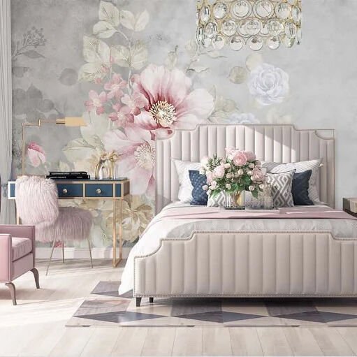 Papier peint motif floral sur fond gris