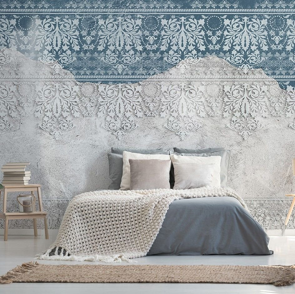 Papier peint mur à motif ethnique bleu et blanc