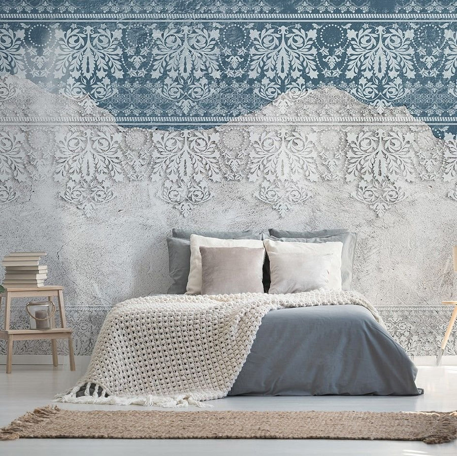 Papier peint mur à motif ethnique bleu et blanc