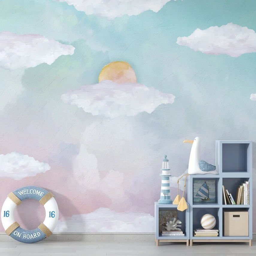Papier peint soleil au-dessus des nuages à effet aquarelle