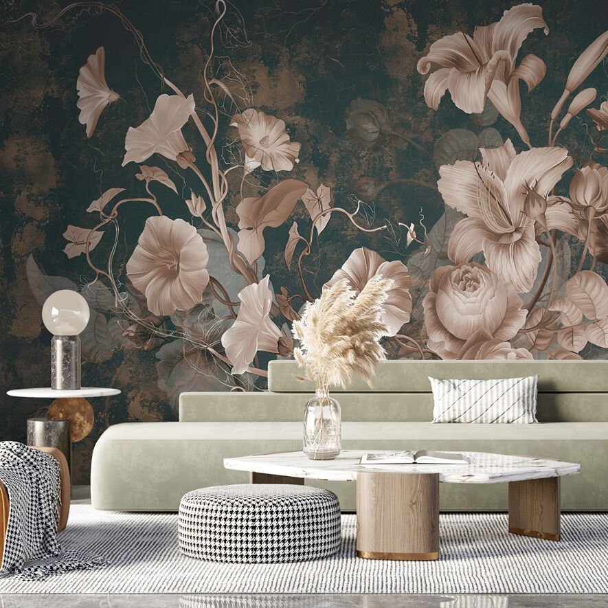Papier peint fleurs d'automne sur fond anthracite