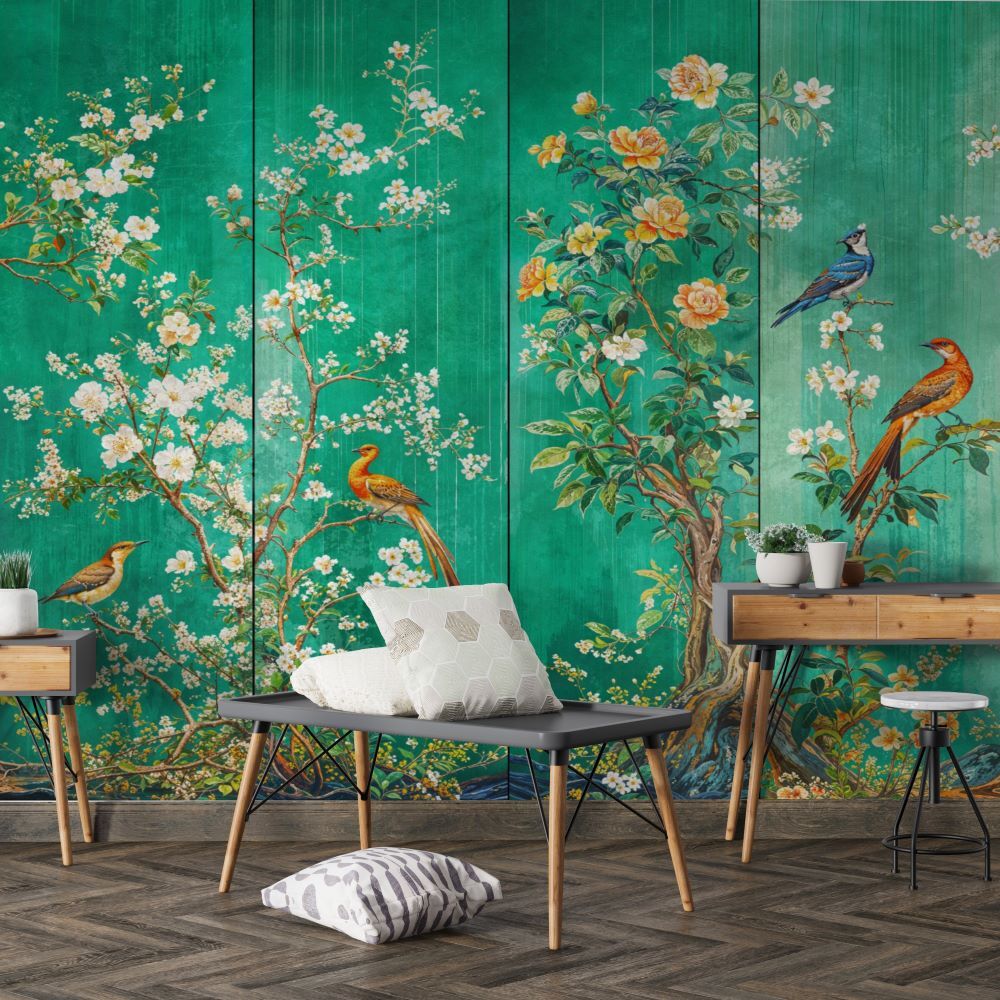 Papier peint motif oiseaux et fleurs tropicales
